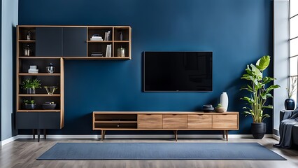  Living room with cabinet for tv on dark blue color wall background 