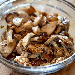 Fototapeta premium sliced Chicken of the Woods mushrooms to the marinade in the bowl