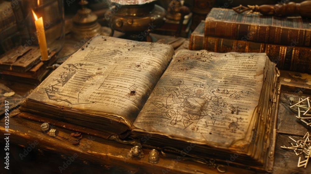 Poster a magnificent oak table holds a mysterious collection of ancient spell books each one open to a page