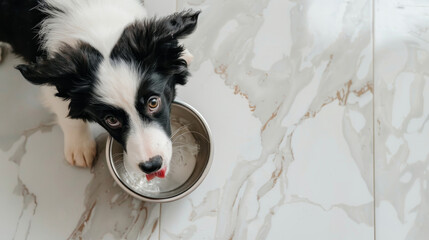 Portrait of a Border Collie drinking from a bowl of fresh water