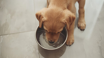 Portrait of a puppy drinking from a bowl of fresh water