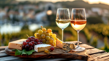 Two glasses of white wine and wooden plate with cheese and nuts during summer time  in a wine vineyard