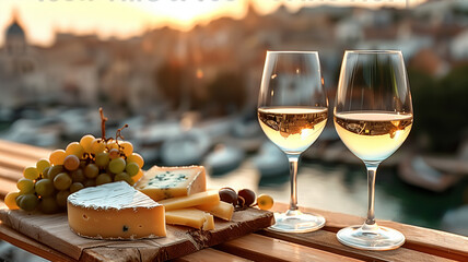 Two glasses of white wine and wooden plate with cheese and nuts during summer time  in a wine vineyard
