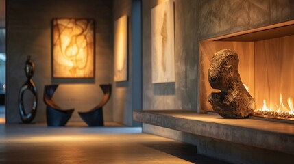 Obraz premium As the day turns to night the soft glow of the fireplace becomes the sole source of light in the darkened gallery illuminating the art pieces in a whole new way and 2d flat cartoon.