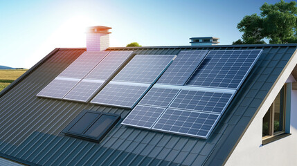 Fototapeta premium solar panels on the roof of a modern home, eco friendly green energy, photovoltaic powered home 