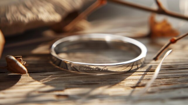 A thin silver bangle bracelet with a small understated engraving.