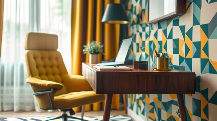 A midcentury modern inspired office space with a sleek desk retroinspired chair and geometric accents in shades of mustard and teal.