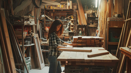 Fototapeta premium Craftswoman Working with Wood in Carpentry Studio Setting