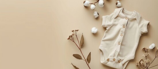 Infant garments made of organic cotton displayed on a beige background. Fashionable attire for newborns showcased in a flat lay composition with copy space.