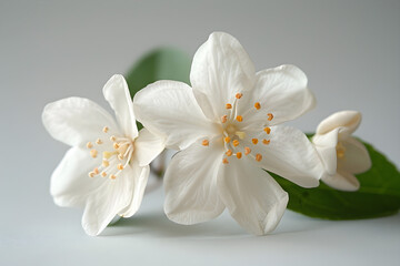A close-up view of a jasmine flower on a white surface, perfect for nature-themed designs or wedding events.