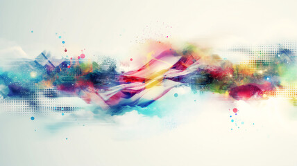 Dynamic abstract artwork blending vibrant splashes of color with digital elements and textural overlays.