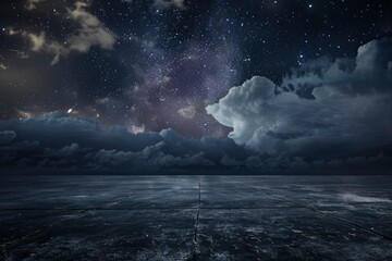 Dark Concrete Floor Background with Scenic Night Sky Horizon and Dramatic Clouds - generative ai