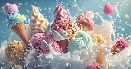 Delicious ice cream explosion with sprinkles, food photograpy, blank copy space, dessert concept