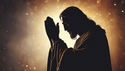 Silhouette of jesus praying to cross, warm tones
