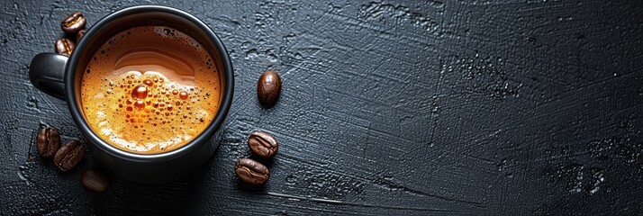 A cup of coffee seen from above on a plain black table top. 
