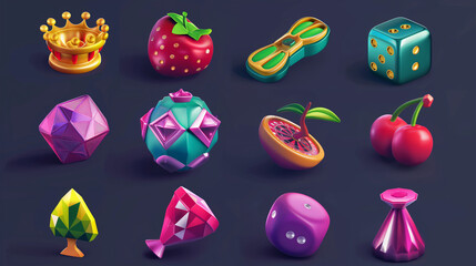 Set of slot game icon with colorful on dark background, Illustration