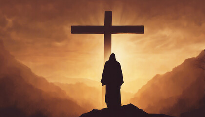 Silhouette of jesus praying to cross, warm tones
