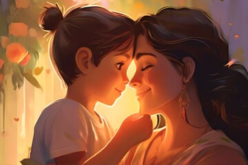  a beautiful young mother holding her little kid Illustration , mothers day 