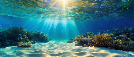 Sunlight pierces the ocean, illuminating a vibrant underwater scene of coral reefs and a lone fish