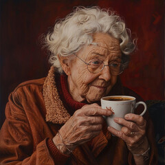 An elderly woman enjoying a cup of tea