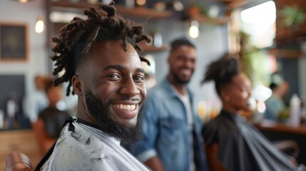 Obraz premium A customer getting a fresh hair and proudly showing it off to his friends with a big smile.