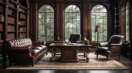 An upscale executive office with plush leather chairs, mahogany desks, and floor-to-ceiling bookshelves, conveying power, authority, and timeless elegance. 