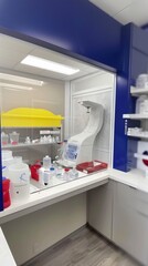 Female Vet in Modern Sustainable Avian Pathology Lab with Recycling and Energy-Efficient Lighting