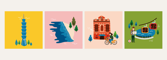 Fototapeta premium Hand drawn style Taiwan landmark illustration collection.