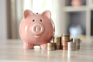 Pink piggy bank and coins on table in room, closeup