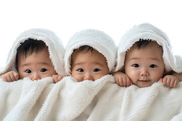 Three adorable smiling asian baby boys, girls wrapped in a white towels isolated on white background