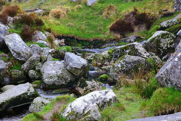 Naklejka na ściany i meble Small creek with flowing water between the rocks
