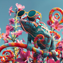 Obraz premium A punk rock-inspired chameleon with neon sunglasses, blending into a candy-striped flower garden--style raw