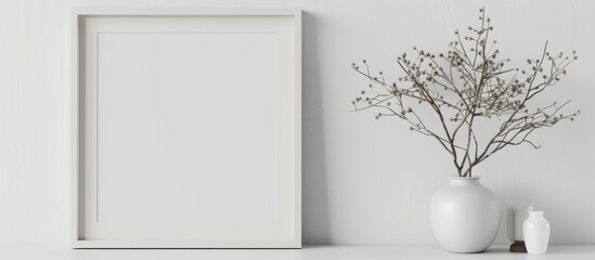 White frame and dry twigs in a vase placed on a bookshelf or desk, all in white hues.