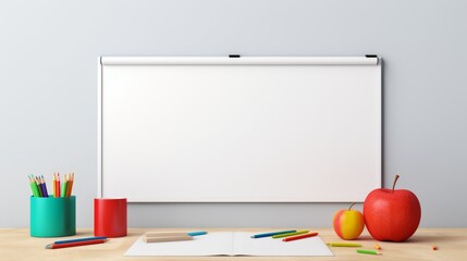 A minimalistic educational banner with a whiteboard, markers, and a clean eraser on a smooth surface,