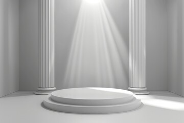 Shiny white round pedestal podium. Abstract high quality 3d concept illuminated pedestal by spotlights on white background. Futuristic background can be add on banners flyers ro web - generative ai