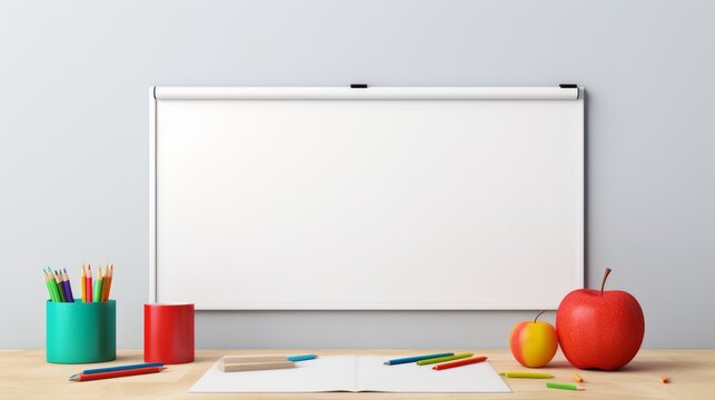A minimalistic educational banner with a whiteboard, markers, and a clean eraser on a smooth surface,