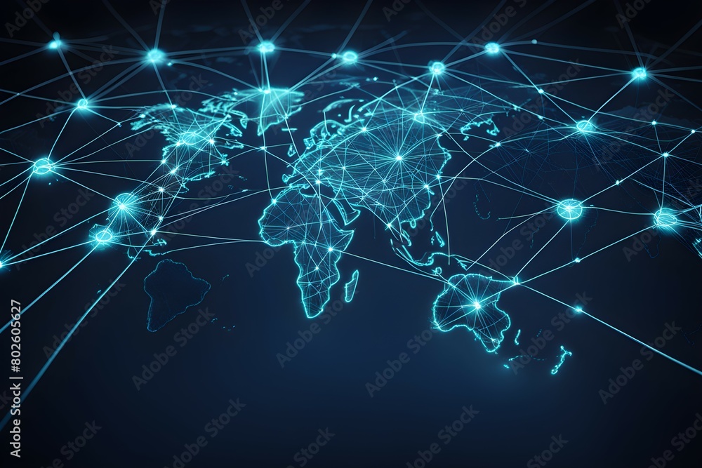 Poster a blue and white image of the world with many lines connecting it