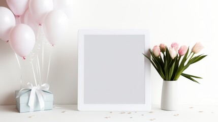 A sleek, modern digital tablet displaying a congratulatory message on screen, placed on a minimalist white desk,