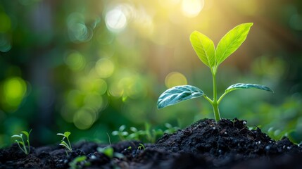Close-up of a young plant sprouting from fertile soil with a blurred green background to symbolize growth and sustainability,