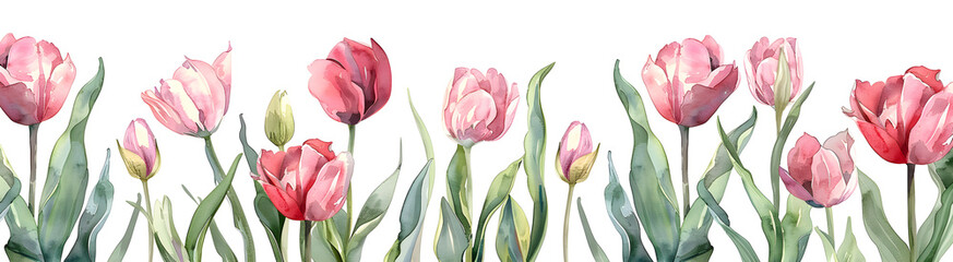 Obraz premium Watercolor illustration of tulips and leaves in a delicate and colorful seamless pattern, suitable for greeting cards, wedding invitations, and background designs.