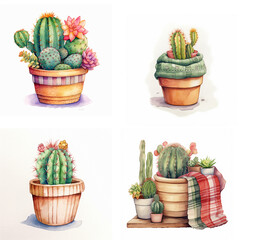 Set of Cactus watercolor painting