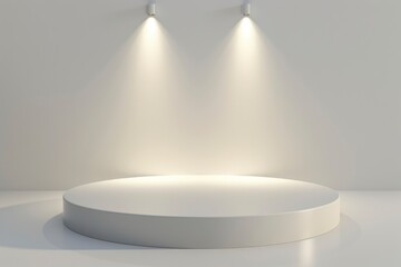 Shiny white round pedestal podium. Abstract high quality 3d concept illuminated pedestal by spotlights on white background. Futuristic background can be add on banners flyers ro web - generative ai