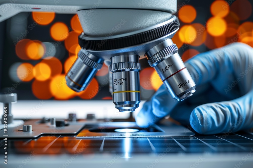 Poster Close-Up of a Veterinarian's Hand Examining Avian Pathogens Under a Microscope in a Lab Setting