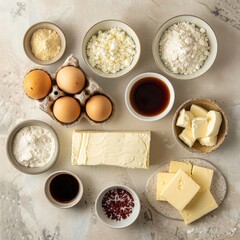 the ingredients for a loaf pan Basque cheesecake recipe, neatly arranged on a kitchen counter
