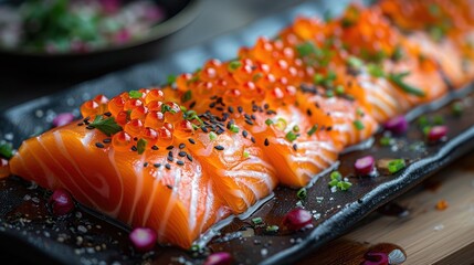 a plate of fresh raw salmon sashimi  - Powered by Adobe