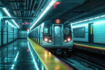 Modern glossy subway train at empty subway station 