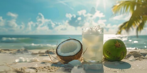 green coconut fruit on the table with a beach background with 