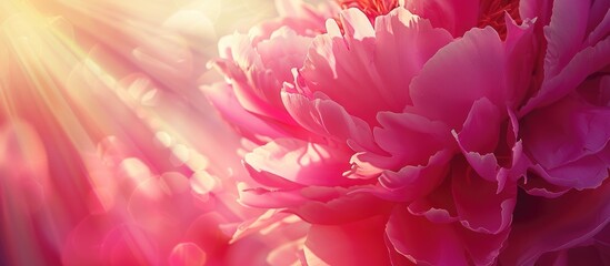 Top-down perspective of a vibrant pink peony flower against a backdrop of sunny rays, with space for text duplication.