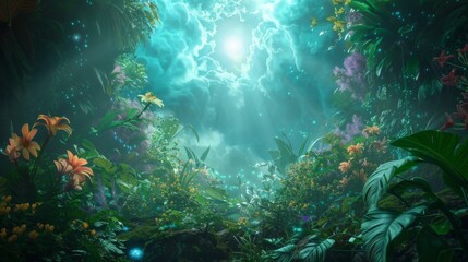 Obraz premium In a mystical garden surrounded by exotic flowers and plants a celestial alchemist performs a ritual to open a portal between the . .