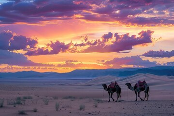 camels in the desert with beautiful evening clouds